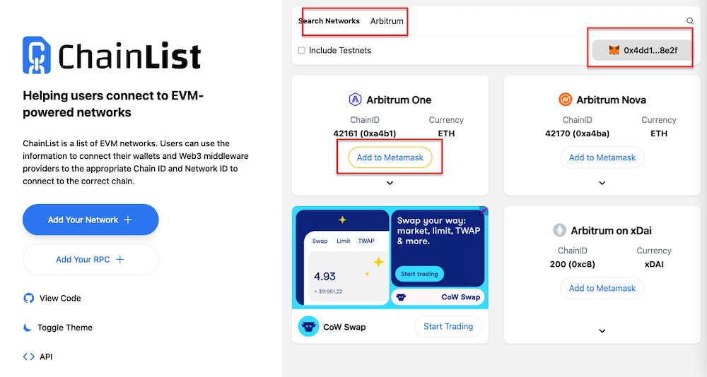 ChainlistからArbitrumネットワークをメタマスクに追加する画面