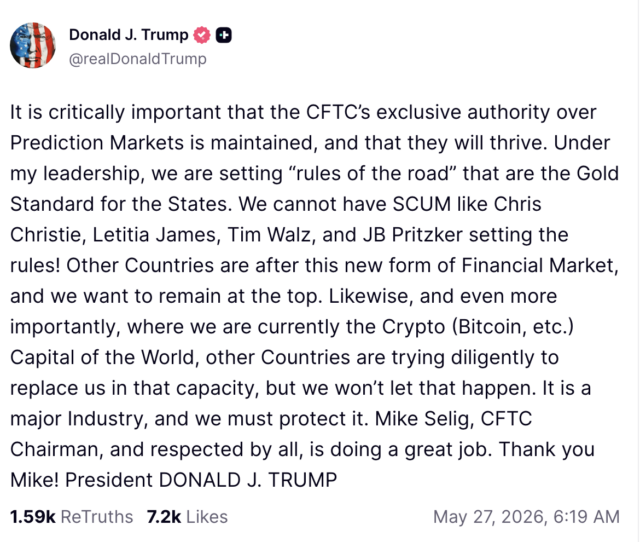 トランプ大統領がCFTCの予測市場管轄権維持を支持