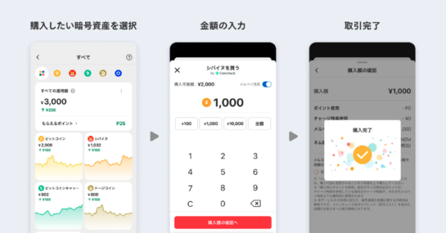 メルカリアプリで仮想通貨を購入する流れ　銘柄選択、金額入力、取引完了の3画面