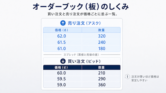 オーダーブック（板）に買い注文と売り注文が並ぶしくみの図解